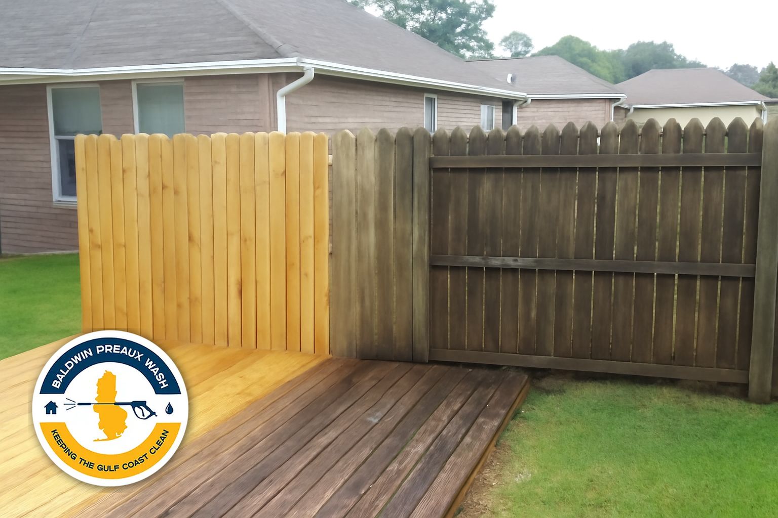 Clean wood fence after soft washing in Foley, Alabama