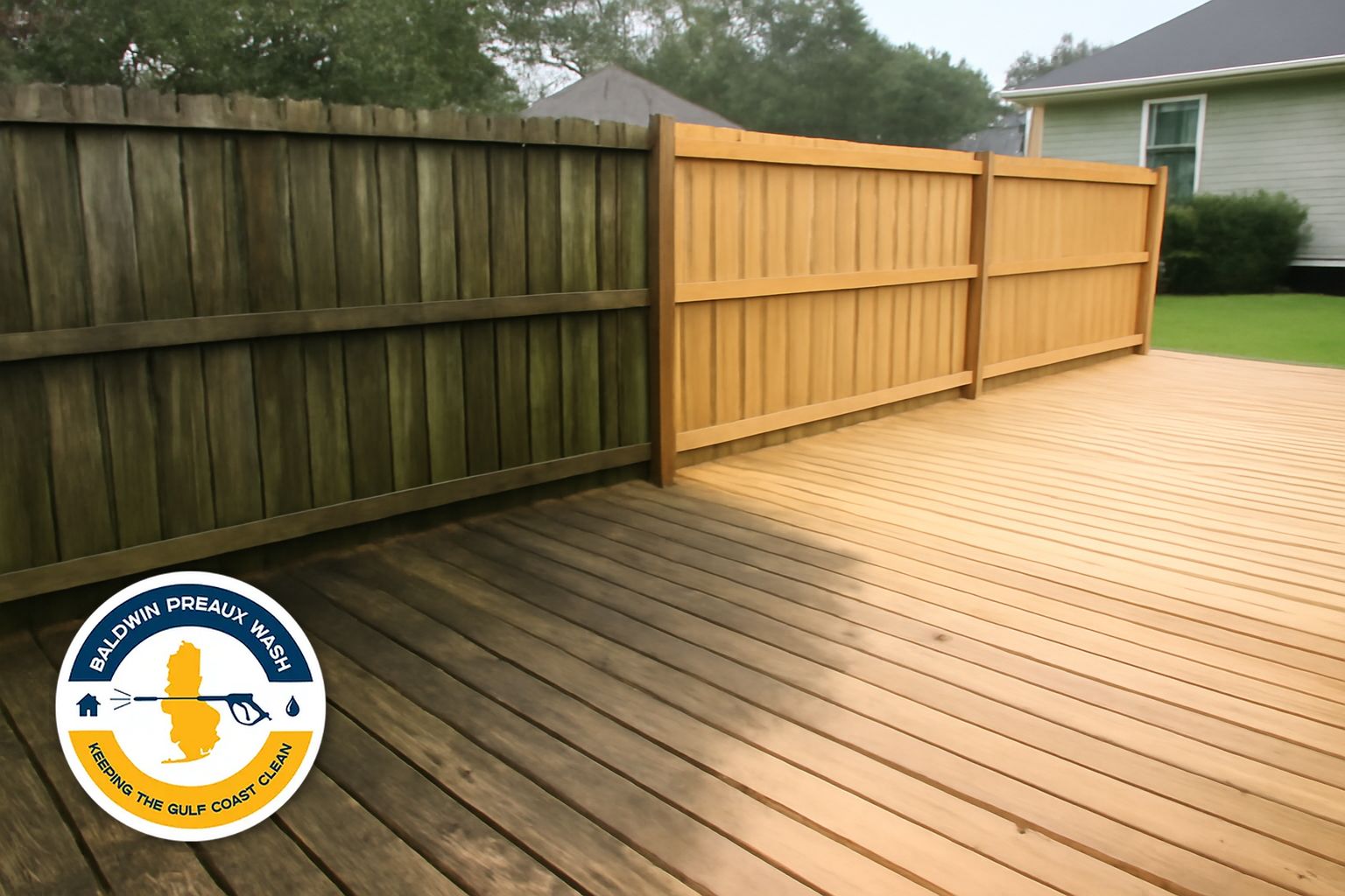 Gray weathered wood deck boards on a Fort Morgan Gulf Coast beach house before soft wash cleaning