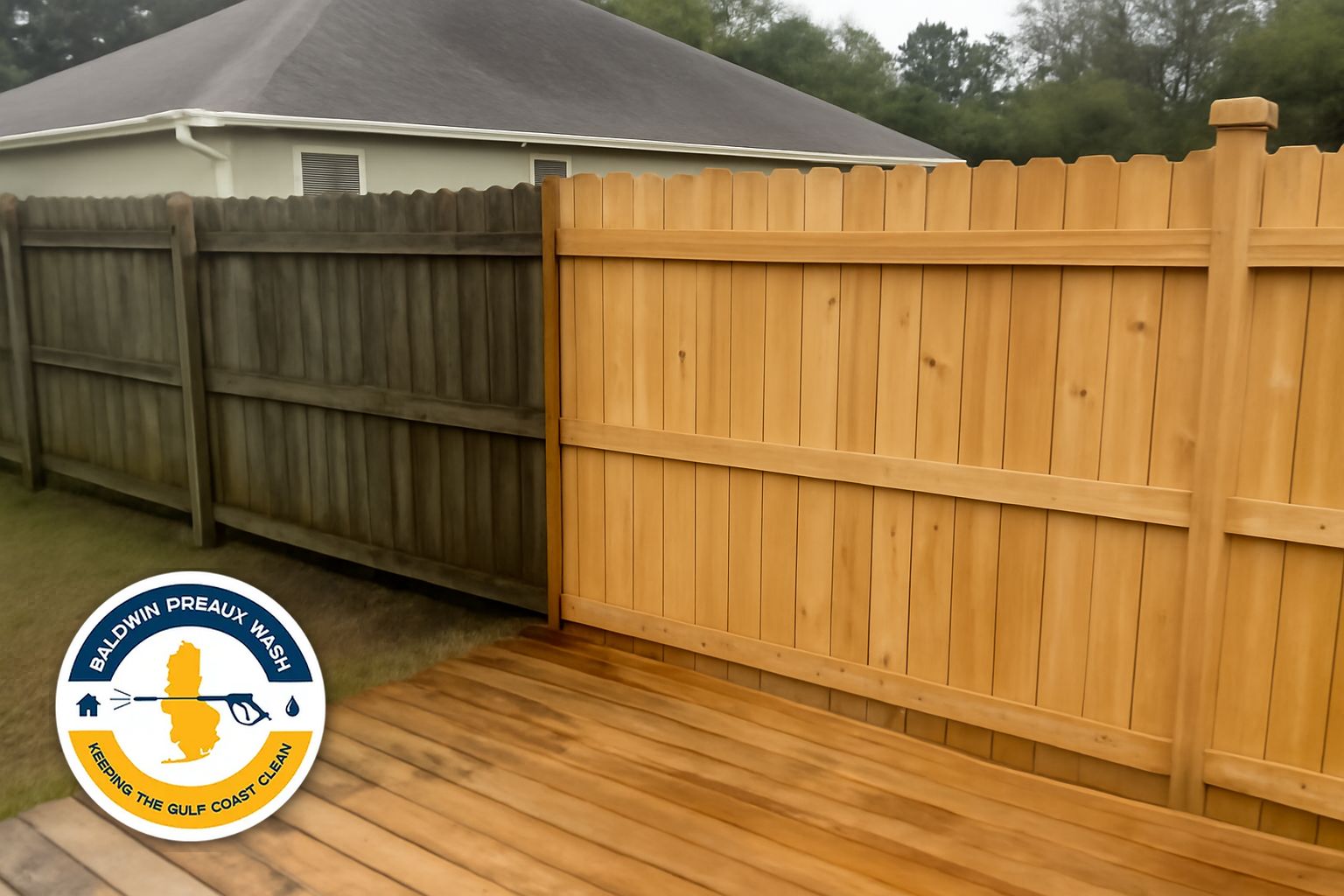 Weathered wood deck on a Gulf Shores vacation rental before soft wash cleaning