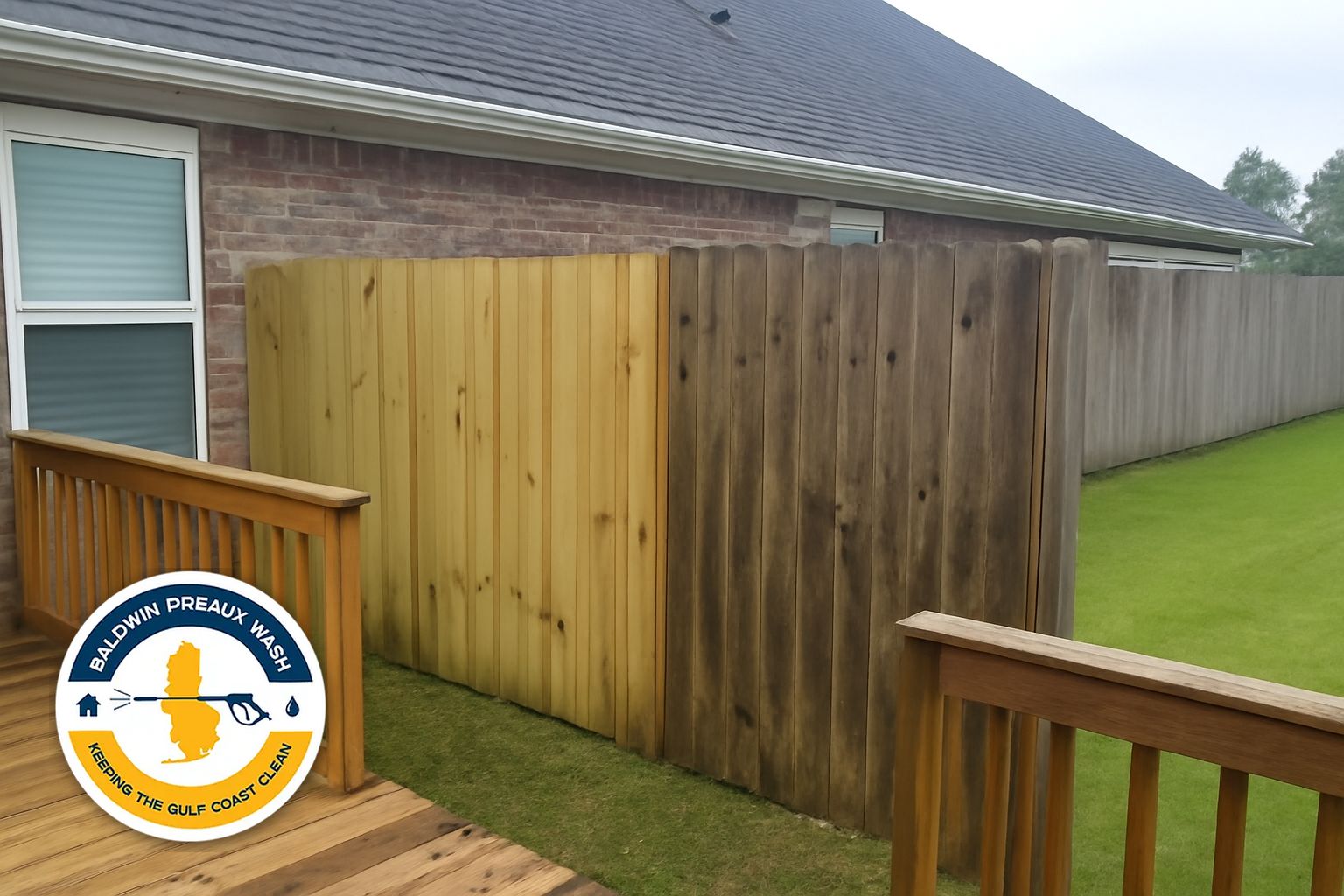 Clean restored wood deck after Baldwin Preaux Wash soft wash service on Gulf Shores property