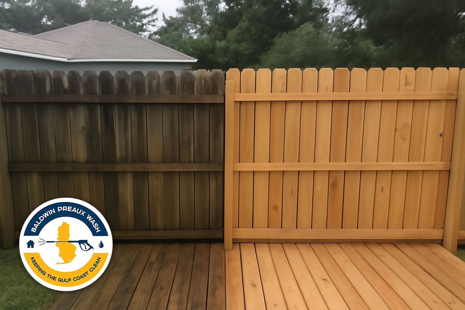 Mildewed wood deck boards on a Gulf Shores home before soft washing