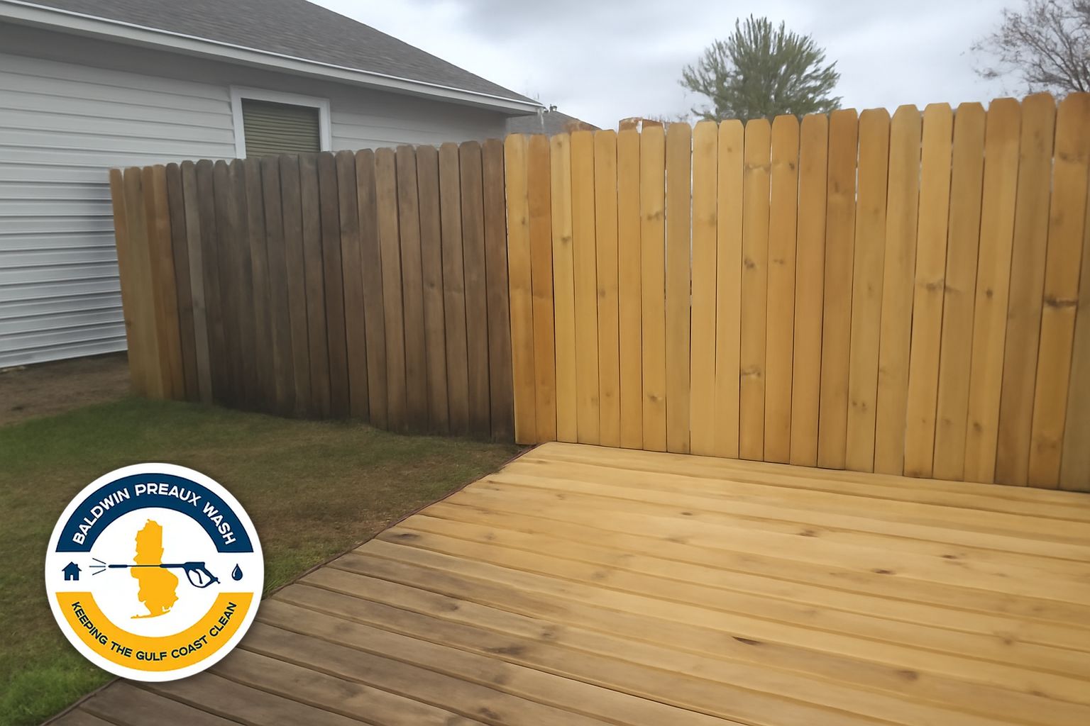 Pool deck area and wood fence cleaned at a Gulf Shores vacation rental