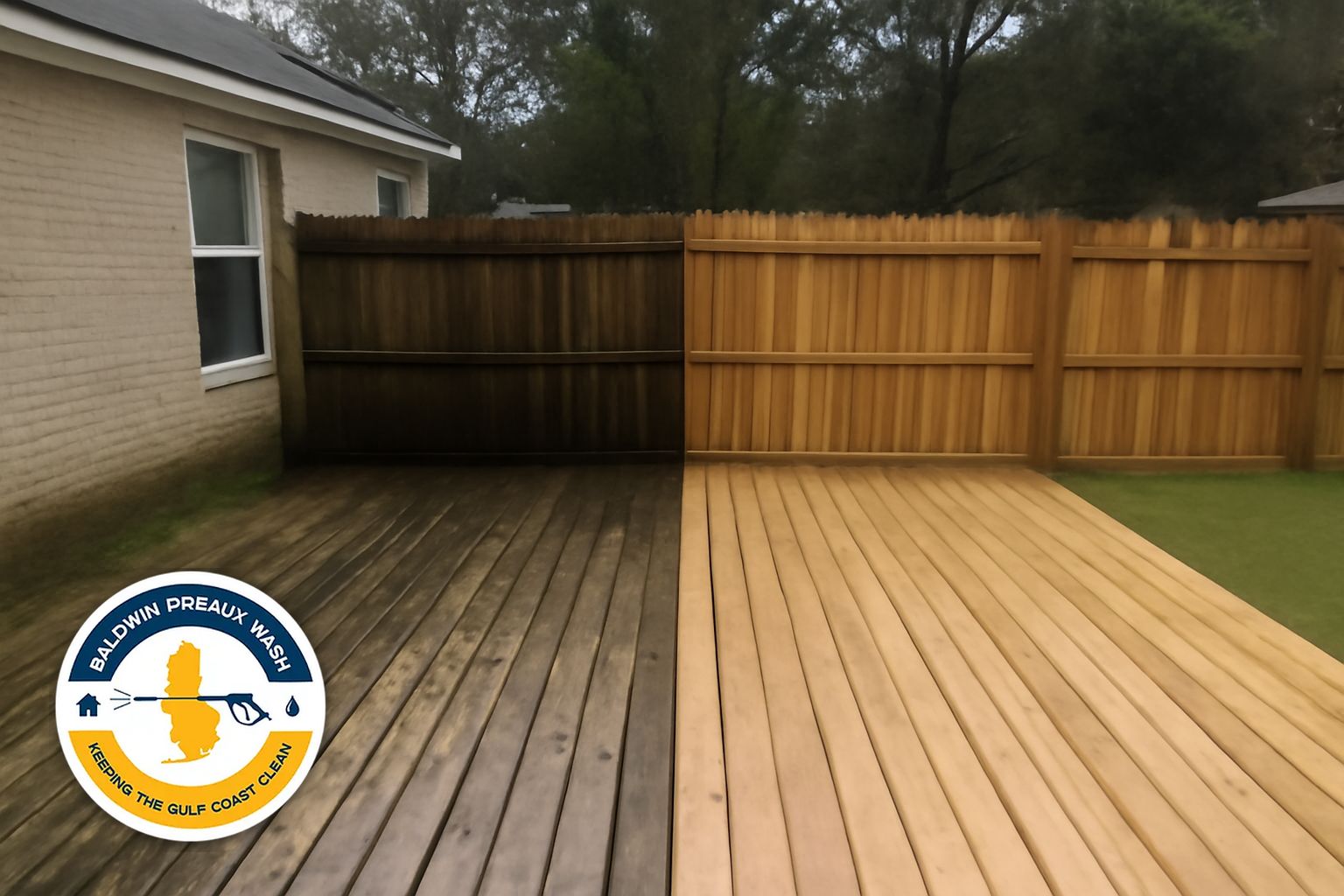 Gray mildew-covered wood deck in Mobile Alabama before soft wash cleaning