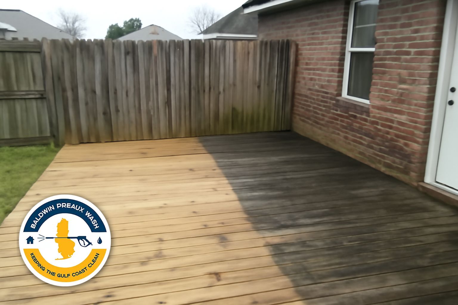 Clean restored wood deck after soft washing in Mobile Alabama showing natural wood grain