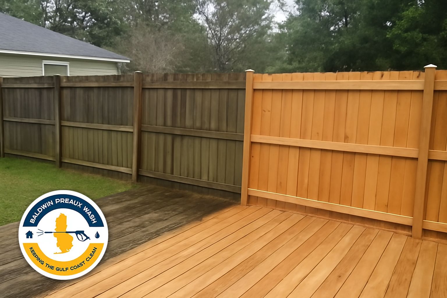 Wood fence before and after soft wash cleaning on a residential lot in Midtown Mobile, AL