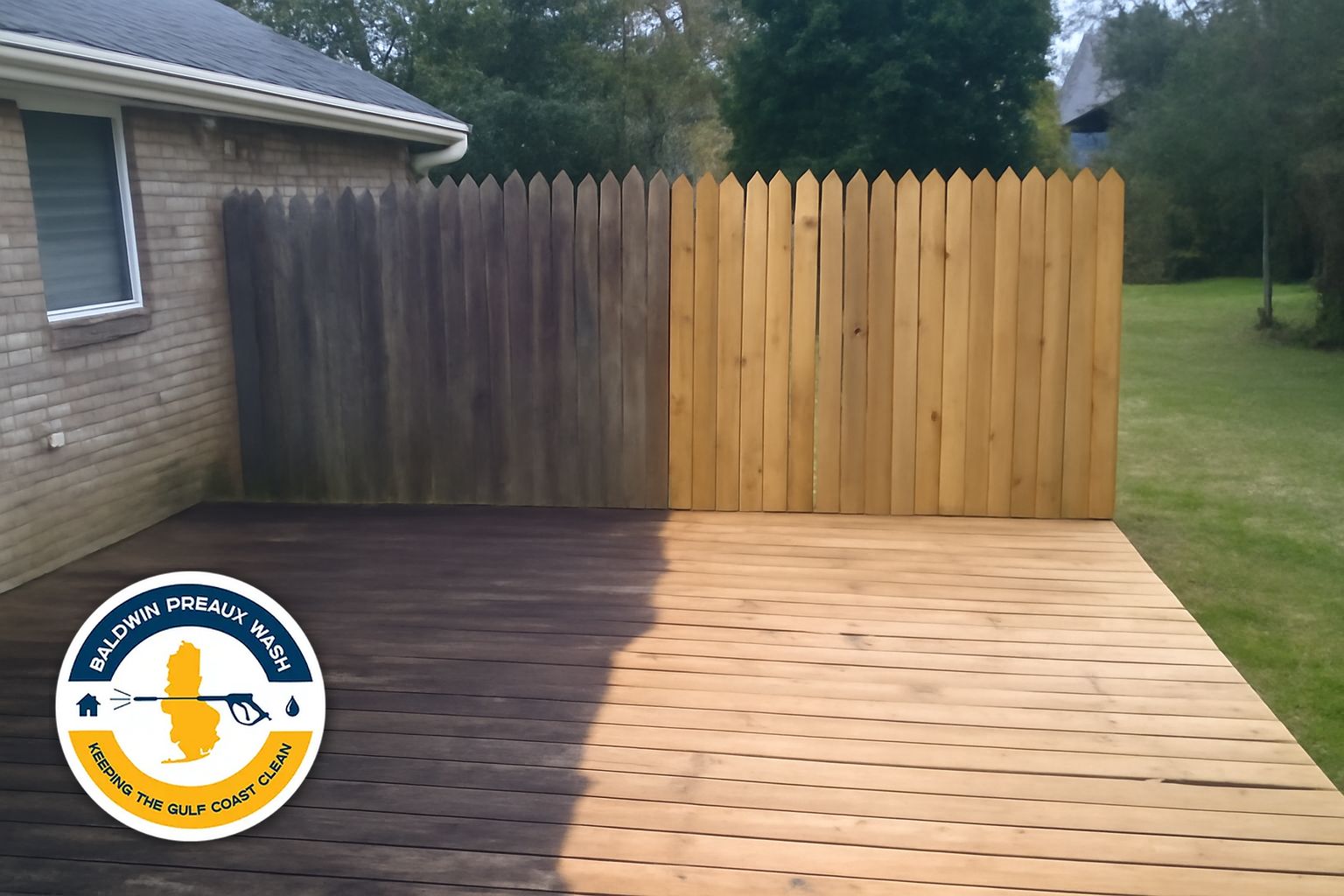 Before and after of wood privacy fence cleaned by Baldwin Preaux Wash in Mobile Alabama