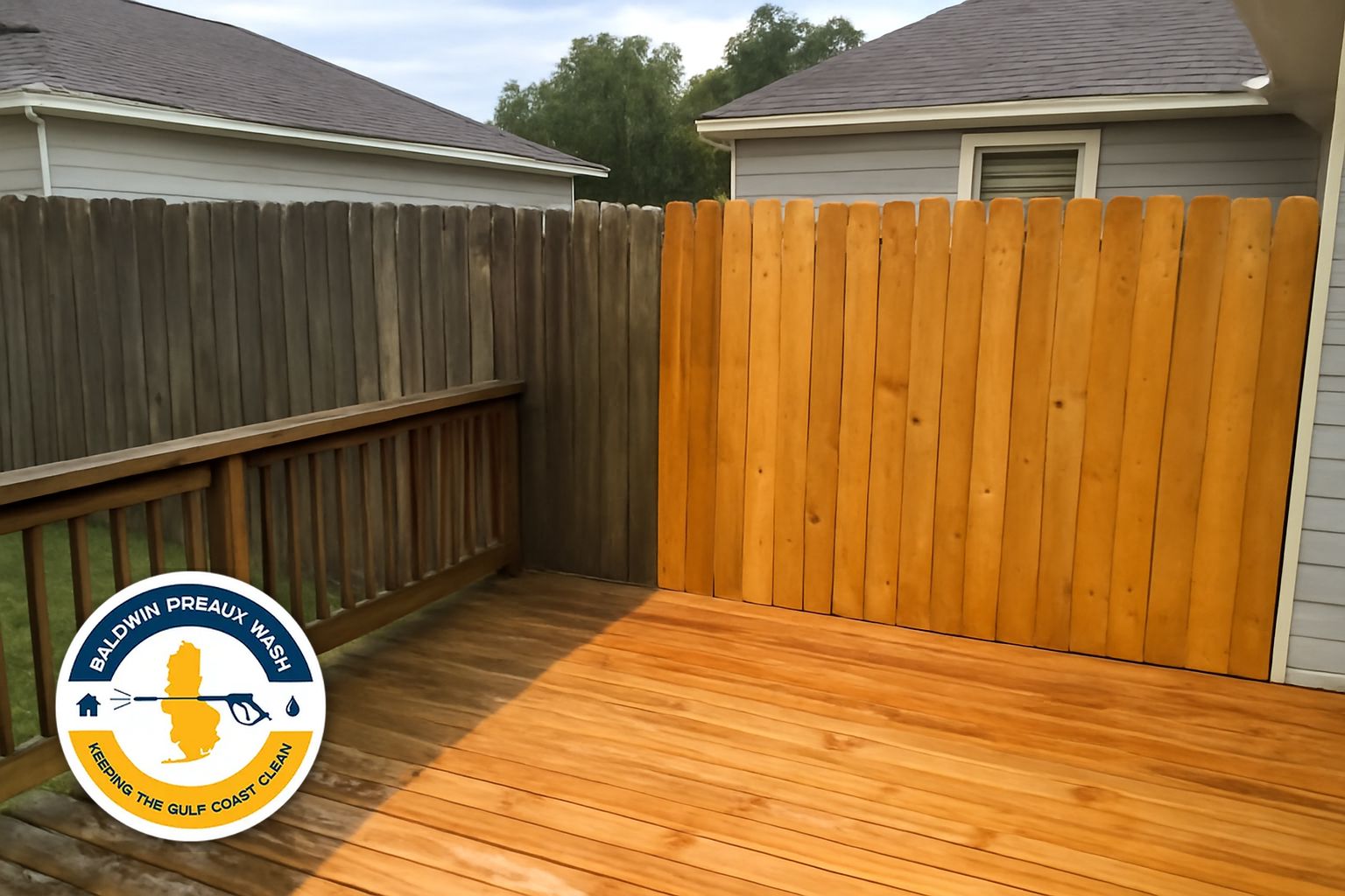 Deck boards showing clean bright wood grain after professional soft wash in Mobile AL