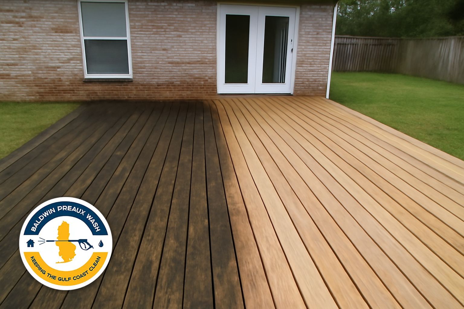 Wood deck cleaning in Orange Beach Alabama showing before and after salt grime removal