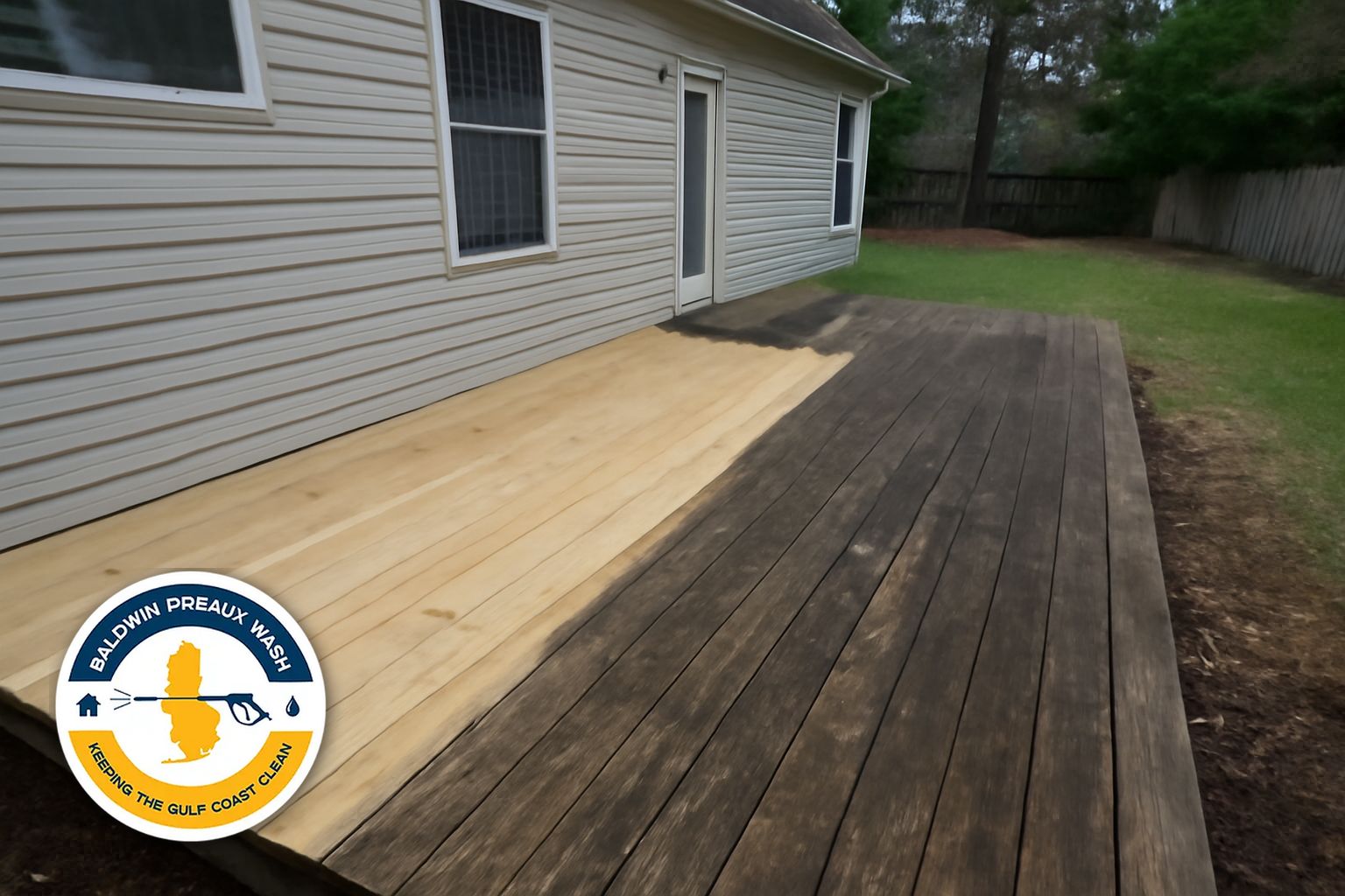 Pool deck and wood railing cleaning at an Orange Beach vacation rental after summer season