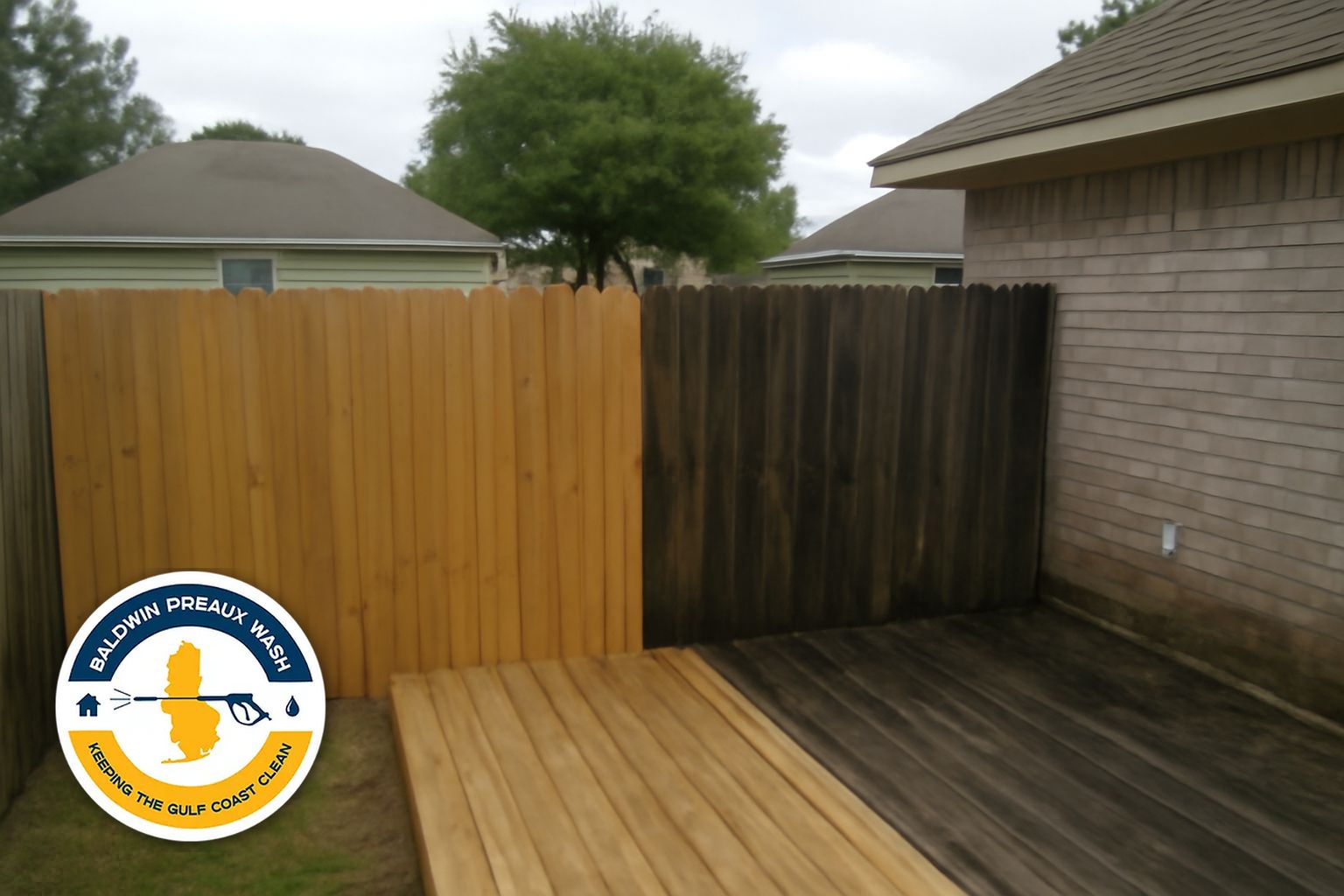 Clean wood privacy fence after soft wash service in North Baldwin County Alabama