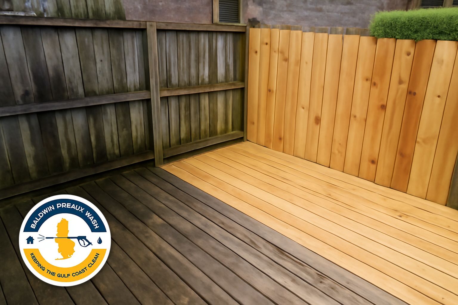 Wood deck with mildew and gray weathering on Eastern Shore home in Spanish Fort Alabama
