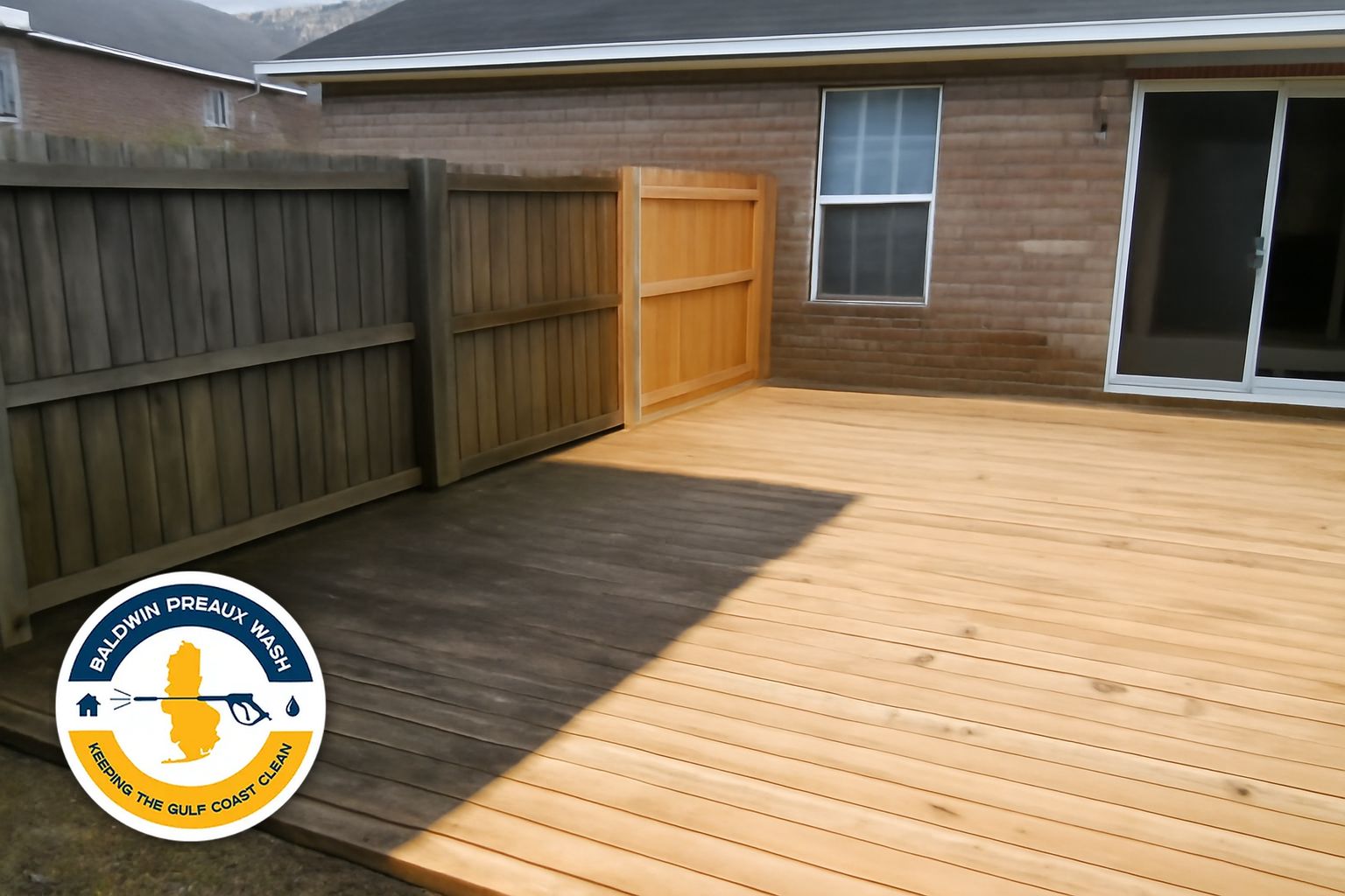 Soft wash rinse on wood deck boards at a Spanish Fort Alabama home showing clean result