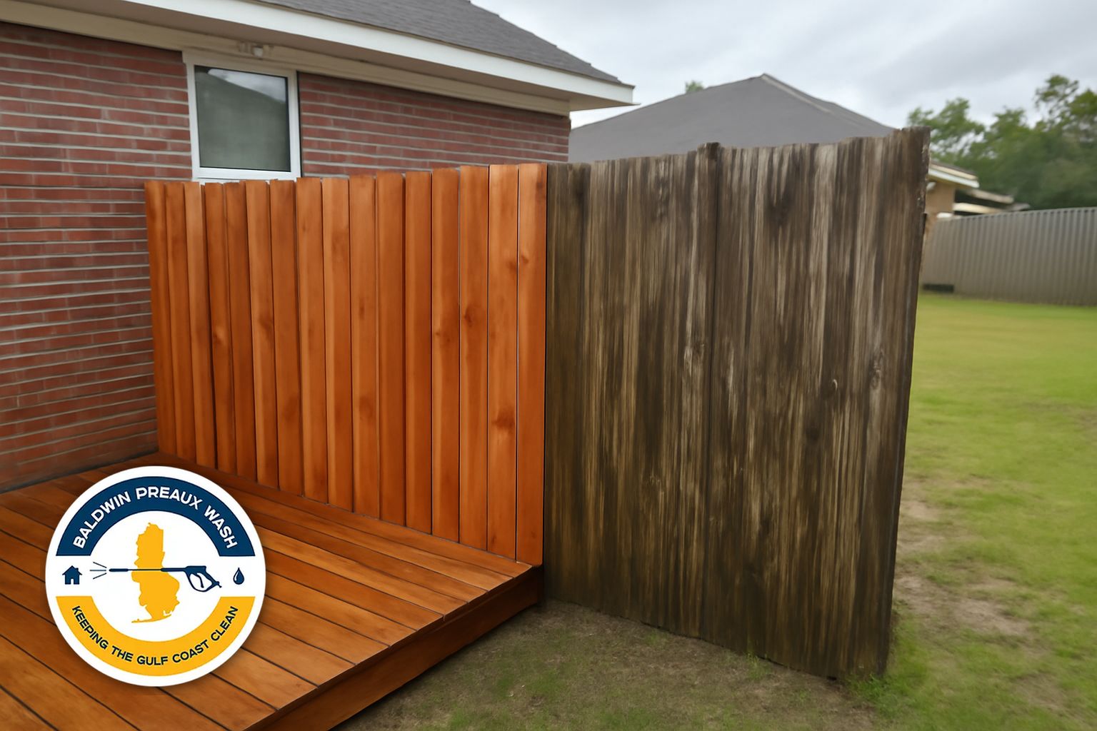 Clean wood deck boards after soft wash treatment in Spanish Fort AL Eastern Shore