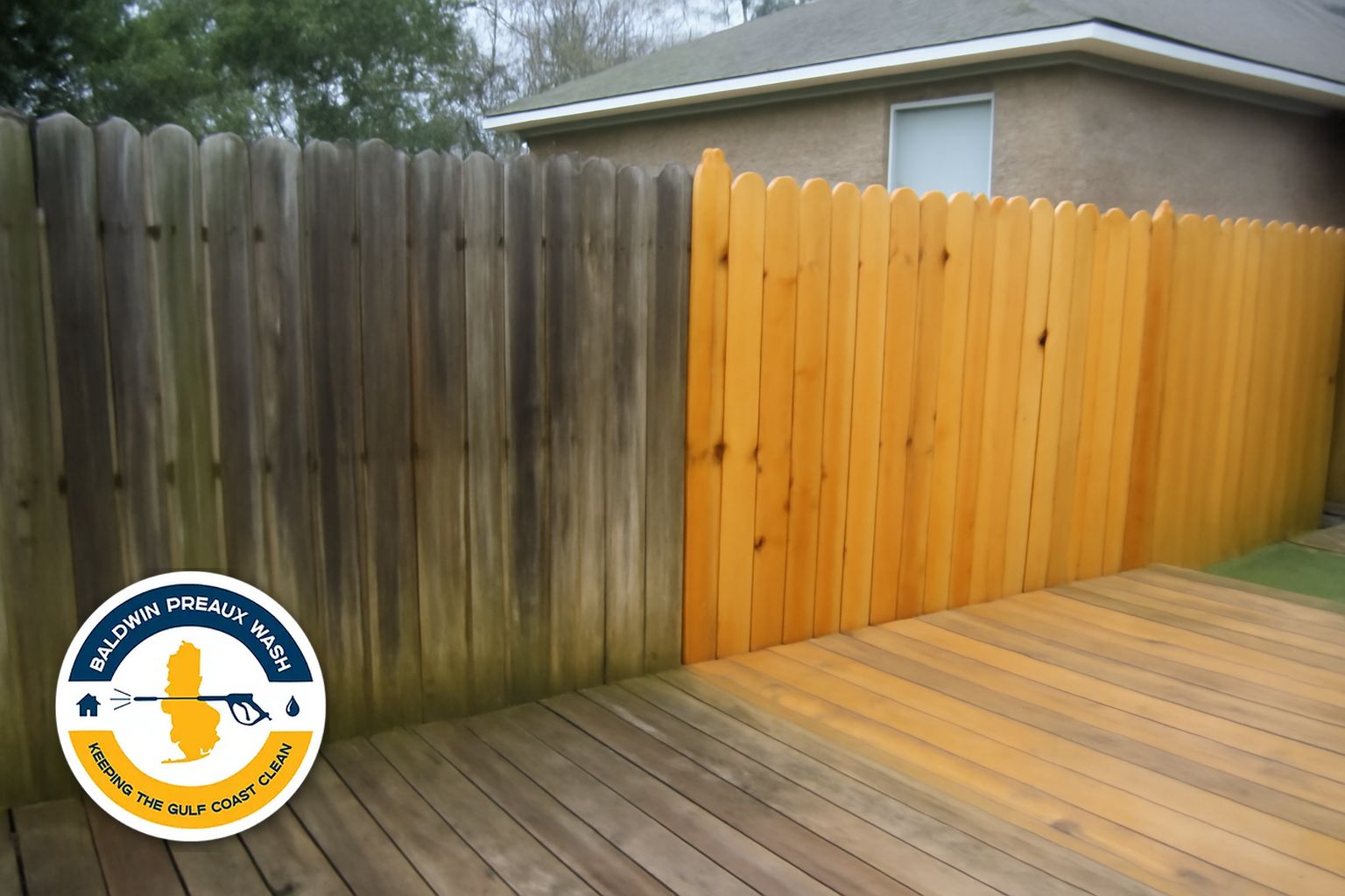 Wood privacy fence along a Spanish Fort Alabama subdivision being soft washed